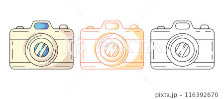 Digital photo camera, colorful and line icons set. Photography, equipment, capturing moments, hobby. Vector outline icon, monochrome and color illustration. For logo, sticker, coloring book, label 116392670