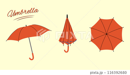 Flat style umbrellas. Opened, and folded umbrellas. Rain protection parasols suitable for rainy weather. Isolated Illustration on a light background Flat style umbrellas. Opened, and folded umbrellas. Rain protection parasols suitable for rainy weather. Isolated Illustration on a light background 116392680