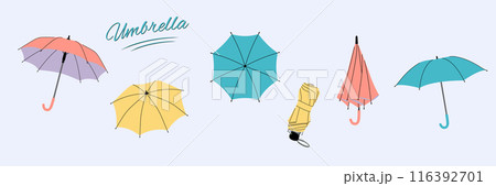 Set of Umbrella in flat style. Opened, closed, and folded umbrellas. Rain protection parasols for rainy weather. Isolated  illustrations on light blue background 116392701