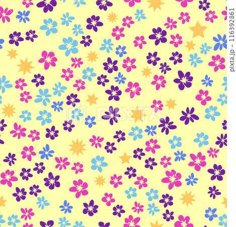 Ditsy floral seamless pattern. Flowers and stars pattern, lavender and pink Ditsy floral seamless pattern. Flowers and stars pattern, lavender and pink 116392861