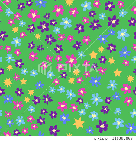 Ditsy floral seamless pattern. Flowers and stars pattern, lavender and pink Ditsy floral seamless pattern. Flowers and stars pattern, lavender and pink 116392865