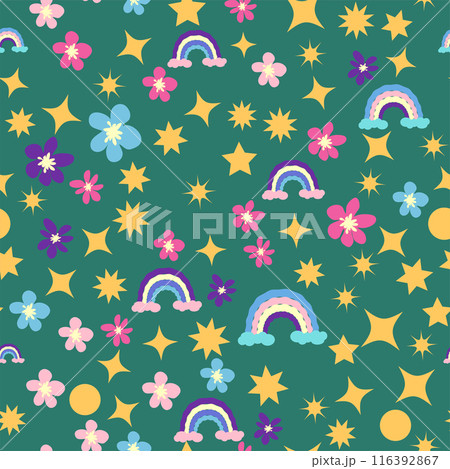 Ditsy flowers, rainbows, stars seamless pattern. Gold stars and flower Ditsy flowers, rainbows, stars seamless pattern. Gold stars and flower 116392867