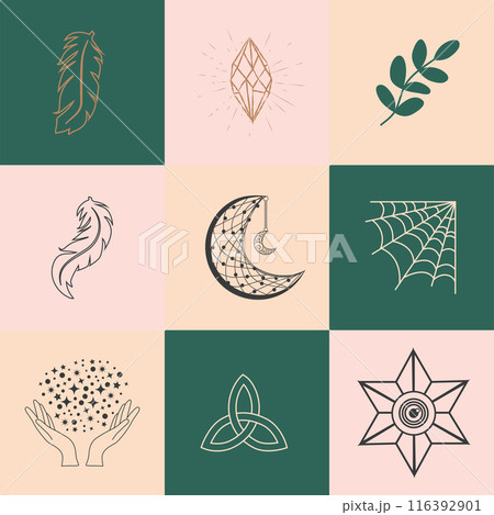 Set of magic symbols, celestial seamless pattern. Astrological, magical and esoteric symbols Set of magic symbols, celestial seamless pattern. Astrological, magical and esoteric symbols 116392901