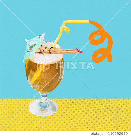 Woman in swimsuit sunbathing under umbrella on lager foamy beer glass against blue and yellow background. Contemporary art collage. 116392939
