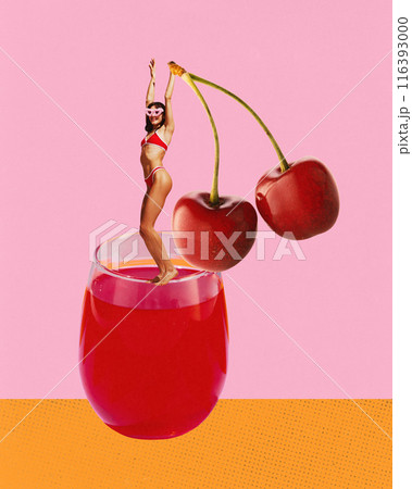 Happy young woman in swimsuit with tanned body, in sunglasses cheerfully dancing on cherry cocktail against pink background. Contemporary art collage. 116393000