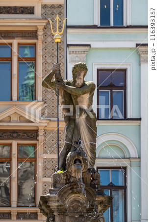 Fountain of Neptune in Old town Edvard Benes square in historic city centre of Liberec, Czech Republic 116393187