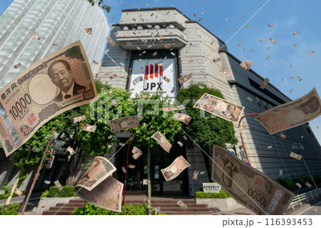 東京日本橋兜町の東京証券取引所ビルの前で落下する大量の新紙幣一万円札 東京日本橋兜町の東京証券取引所ビルの前で落下する大量の新紙幣一万円札 116393453