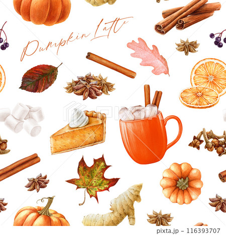 Autumn mood cozy seamless pattern in warm colors. Painted pumpkin spice latte drink, cinnamon, clove, apple pie, fallen leaves and flower elements. Autumn season tasty treats seamless pattern 116393707