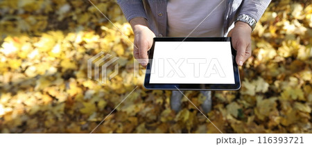 Man in pakr hold digital tablet pc with blank screen Man in pakr hold digital tablet pc with blank screen 116393721