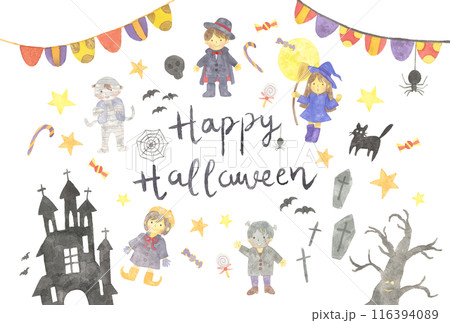 水彩タッチのハロウィーンのベクターイラストセット 116394089