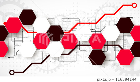 Gear wheel technology background with hexagons. Hand drawn vector. 116394144