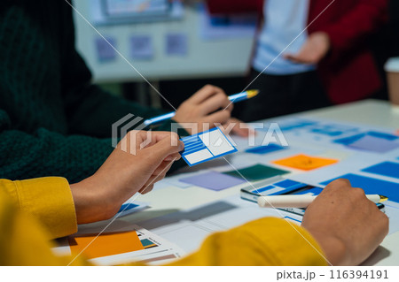 Creative team web designer feel happy work complete Teamwork planning application, success at work in the office concept. 116394191