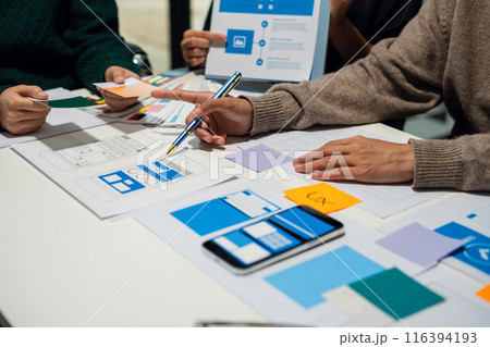 Creative team web designer feel happy work complete Teamwork planning application, success at work in the office concept. 116394193