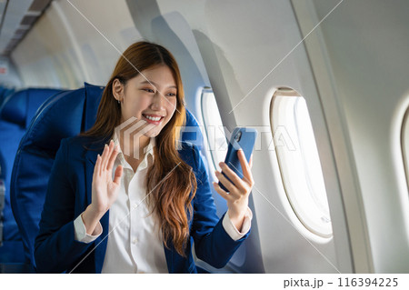Airplane, travel and portrait of woman with journey. 116394225
