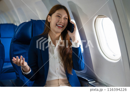Airplane, travel and portrait of woman with journey. 116394226