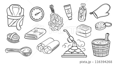 Sauna and wellness outline illustrations. Vector set of cute elements in doodle style isolated on white background. 116394268