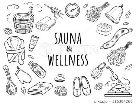 Sauna and wellness. Set of doodle elements. Premium body care vector banner template. 116394269