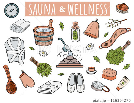 Sauna and wellness. Set of cute color doodle vector elements. Spa accessories in sketch style. 116394270
