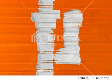 White paint brush strokes abstract wall design blank space for text empty bright orange background pattern metal fence 116394368