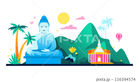 Thailand nature and Buddha statue - modern colored vector illustration 116394574