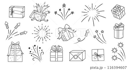 Party doodle icon set. Gifts and fireworks. Vector outline hand drawn elements on white background. Party doodle icon set. Gifts and fireworks. Vector outline hand drawn elements on white background. 116394607
