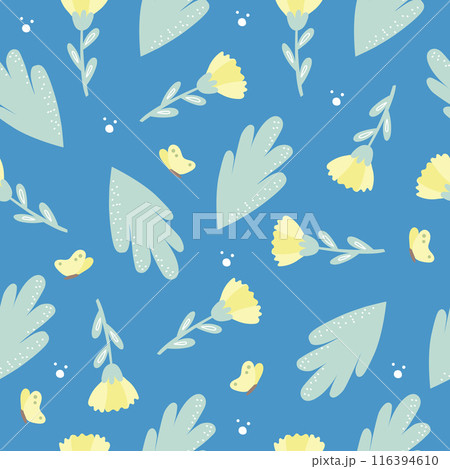 Vector floral pattern in doodle style with yellow flowers and butterflies. Delicate, spring floral blue background. 116394610