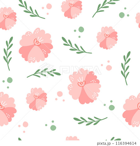 Vector floral pattern in doodle style with pink flowers and leaves. Delicate, spring floral background. 116394614