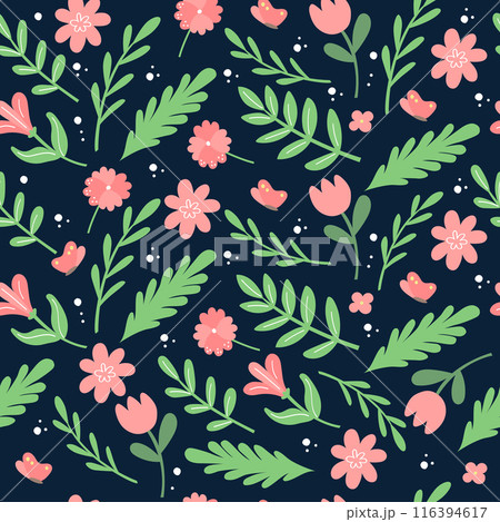Vector floral pattern in doodle style with flowers and leaves. Bright colorful spring floral background. 116394617