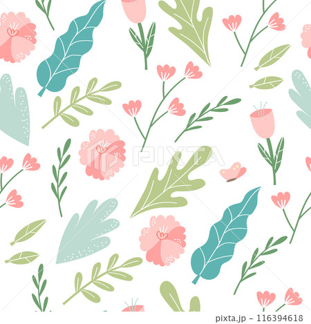 Vector floral pattern in doodle style with flowers and leaves. Delicate, spring floral background. 116394618