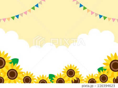 夏のひまわりと青空の夏休み風景背景19黄色 116394623