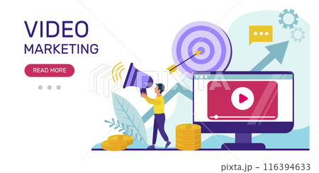 Video marketing concept. Social media market vector web banner. Illustration of marketing video, online advertising, vlog. Video marketing concept. Social media market vector web banner. Illustration of marketing video, online advertising, vlog. 116394633