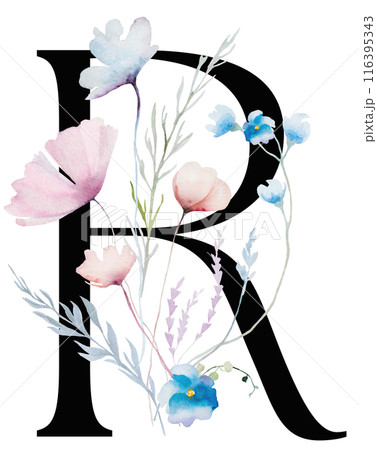 Black letter R with Watercolor pastel tender wild flowers and leaves, wedding isolated illustration Black letter R with Watercolor pastel tender wild flowers and leaves, wedding isolated illustration 116395343
