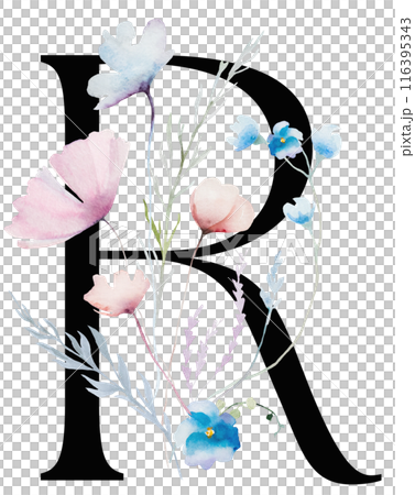 Black letter R with Watercolor pastel tender wild flowers and leaves, wedding isolated illustration 116395343