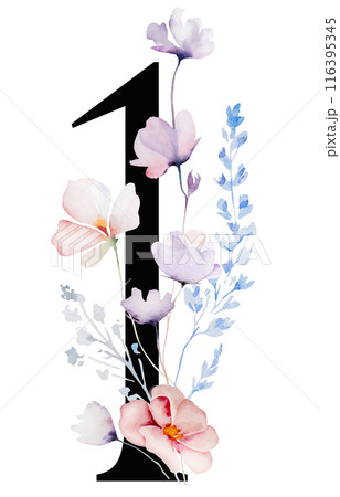 Black number 1 with Watercolor pastel wild flowers and leaves, wedding isolated illustration 116395345