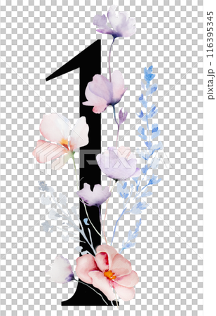 Black number 1 with Watercolor pastel wild flowers and leaves, wedding isolated illustration 116395345