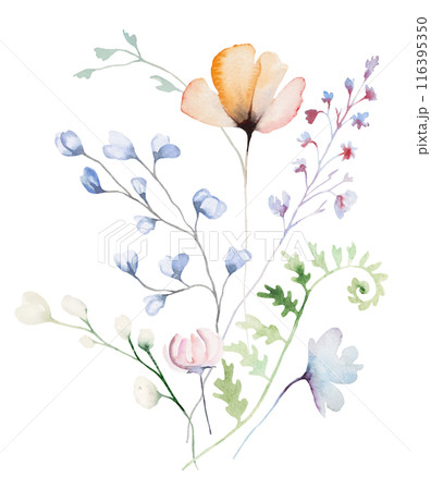 Bouquet made with watercolor pastel wild flowers and leaves,  hand drawn wedding illustration 116395350