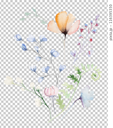 Bouquet made with watercolor pastel wild flowers and leaves,  hand drawn wedding illustration 116395350