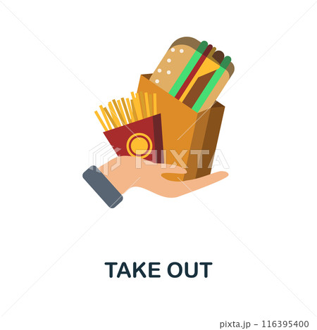 Take Out flat icon. Colored sign from take away service collection. Creative Take Out icon illustration for web design, infographics and more Take Out flat icon. Colored sign from take away service collection. Creative Take Out icon illustration for web design, infographics and more 116395400