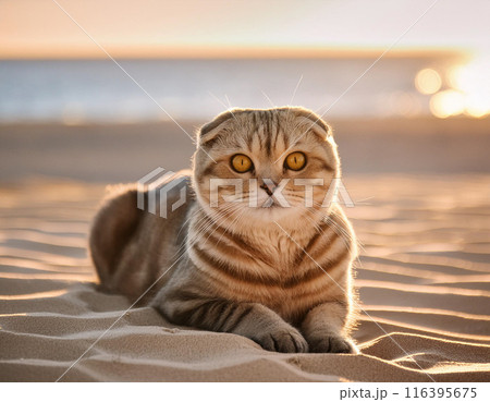 Calm Scottish Fold Cat Relaxing Outdoors 116395675
