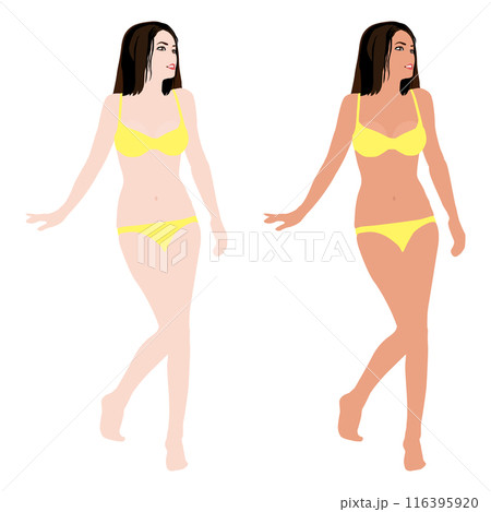 水着でポーズする若い女性のマネキンの日焼け前と後のイラストセット-ビキニ04 116395920