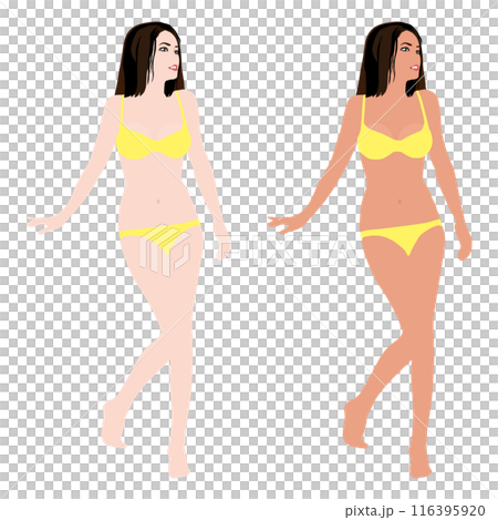 水着でポーズする若い女性のマネキンの日焼け前と後のイラストセット-ビキニ04 116395920