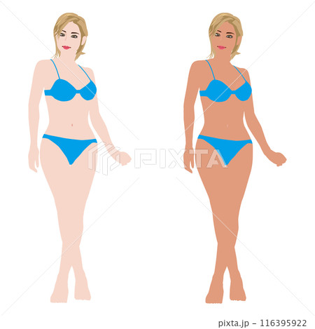 水着でポーズする若い女性のマネキンの日焼け前と後のイラストセット-ビキニ03 水着でポーズする若い女性のマネキンの日焼け前と後のイラストセット-ビキニ03 116395922