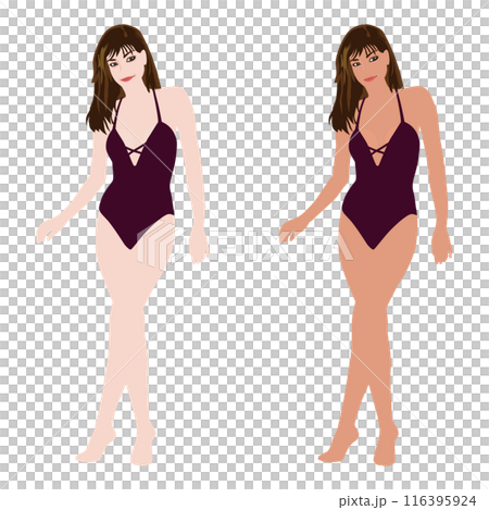 水着でポーズする若い女性のマネキンの日焼け前と後のイラストセット-ワンピース07 116395924