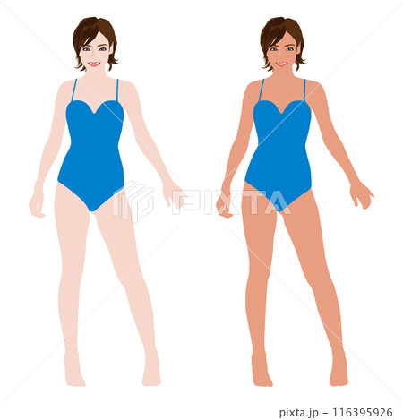 水着でポーズする若い女性のマネキンの日焼け前と後のイラストセット-ワンピース03 116395926