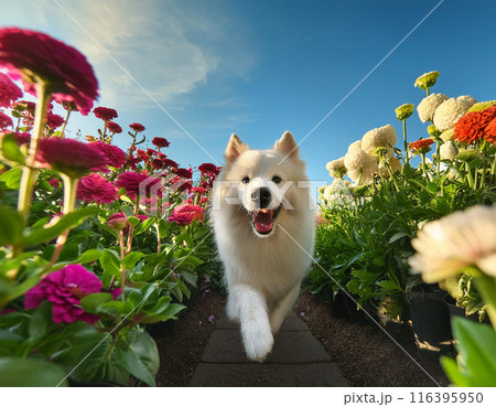 Energetic Samoyed Dog Running Freely Outdoors: Capturing Joy in Motion 116395950