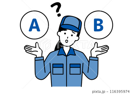 AとBの選択肢を迷っているつなぎ作業服の女性 AとBの選択肢を迷っているつなぎ作業服の女性 116395974
