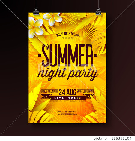 Tropical Summer Night Party Flyer Design Template with Flower and Tropical Palm Leaves on Yellow Background. Vector Summer Beach Celebration Illustration with Typography Letter for Banner, Flyer 116396104