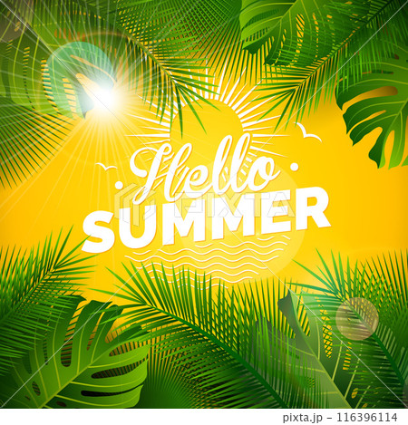 Hello Summer Illustration with Typography Letter and Tropical Leaves on Sun Yellow Background. Vector Holiday Design with Exotic Plants, Flower and Sunglasses for Banner, Flyer, Invitation, Brochure 116396114