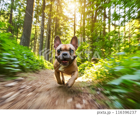 Energetic French Bulldog Running Freely Outdoors: Capturing Joy in Motion 116396237
