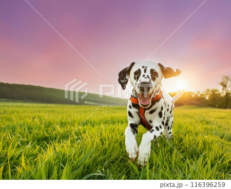 Energetic Dalmatian Dog Running Freely Outdoors: Capturing Joy in Motion 116396259